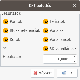 DXF import beállítások