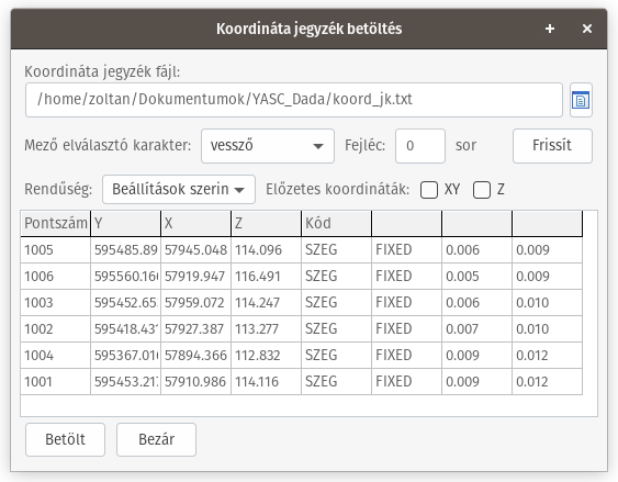 koordináta jegyzék betöltés